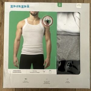 PAPI NEW 3 PACK MENS COTTON STRETCH‎ SOFT TOUCH TAG FREE TANK TOPS Multi Small